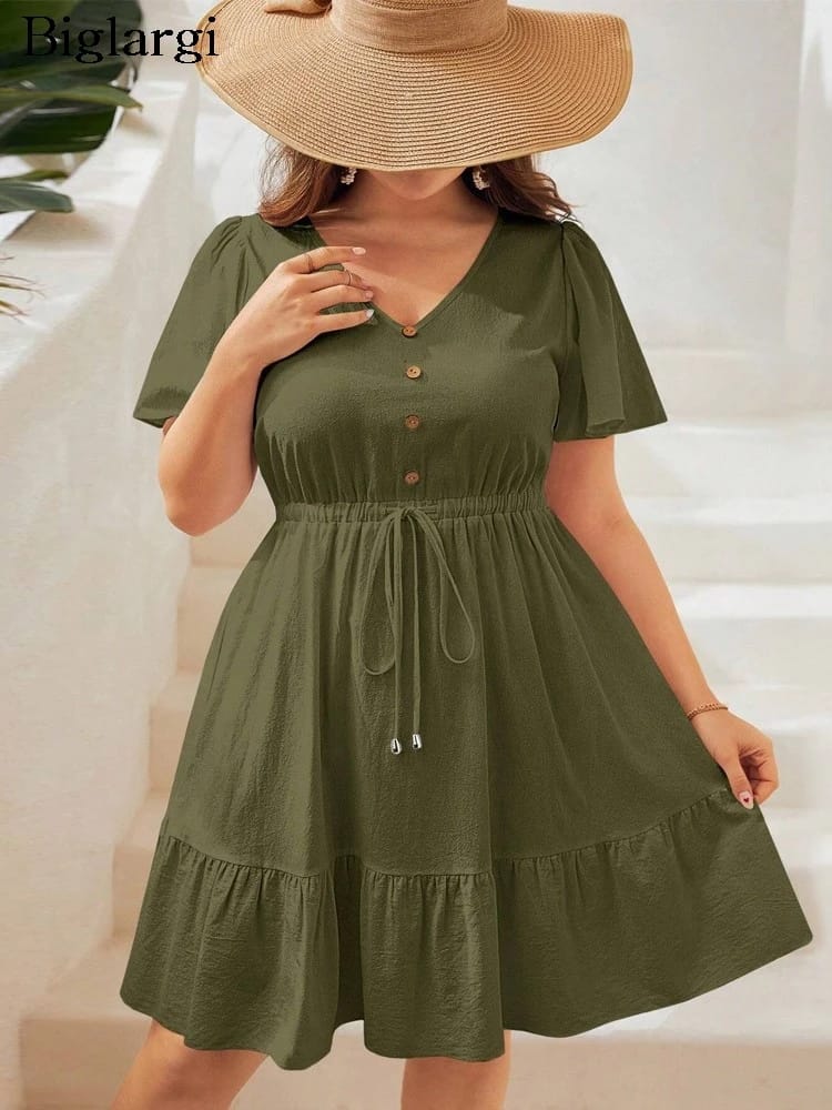 Vestido Mini de Verano Talle Grande, Manga Corta, Cuello V para Mujer. Diseño A-Line con Volados y Pliegues. Estilo Casual y Suelto.